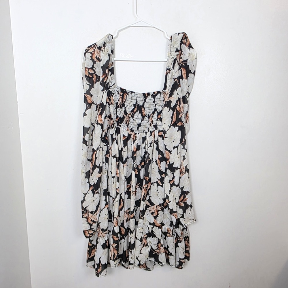 Abercrombie & Fitch Black White Floral Ruched Long Sleeve Mini Dress Size L Tall - Picture 10 of 11